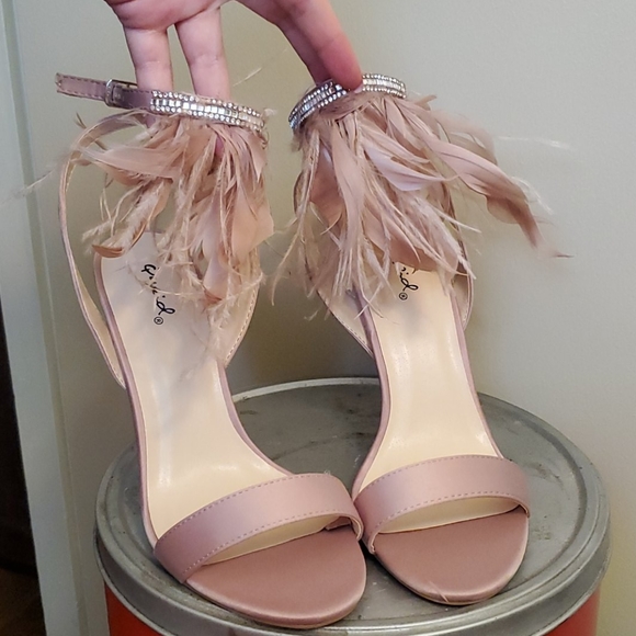 Qupid Shoes - Feather rhinestone ankle strap heels